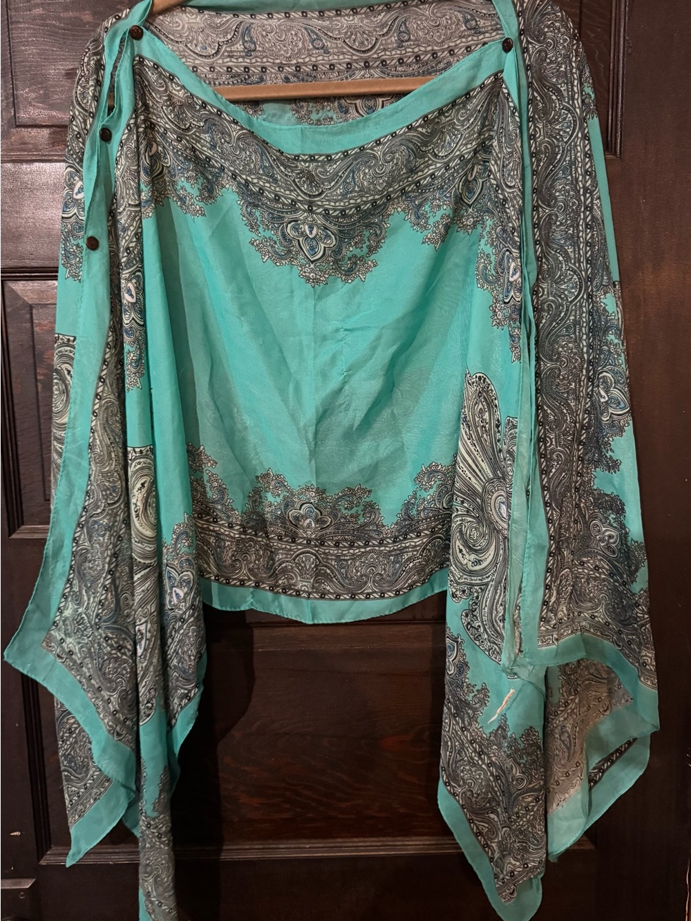 Turquoise Paisley Convertible Lightweight Sheer Scarf/Poncho With Button